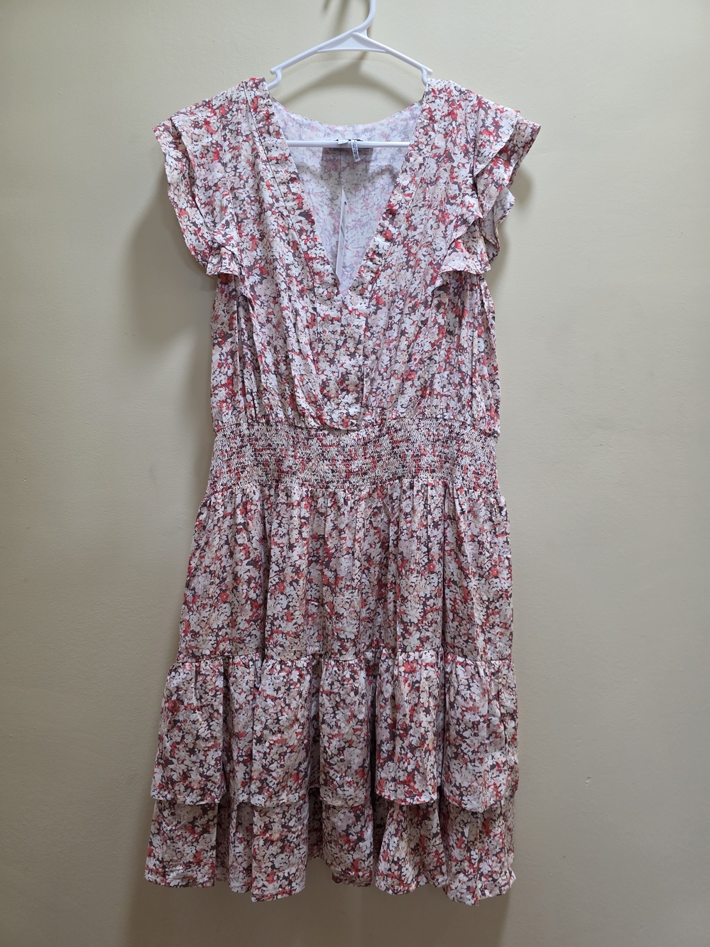 DKNY Floral Ruffle Tiered Midi Dress in Pink and White NWT Size L
